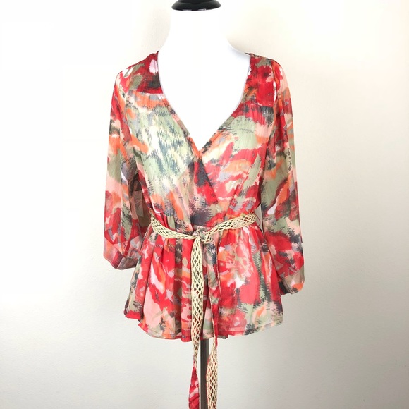 Daytrip Tops - Daytrip Wrap Watercolor Top Medium Red Orange Belt